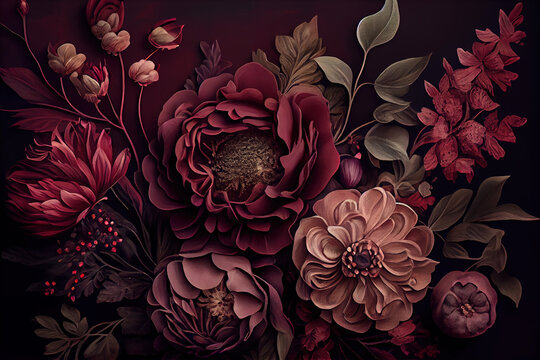 Generative AI:  hand Painted flowers as a lush pattern oil painted Photo