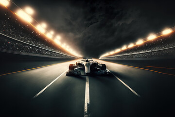 Racing at night on a racetrack's finish line. Generative AI