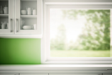 Banner background with a blurred white, green, and green color from a kitchen window. Generative AI