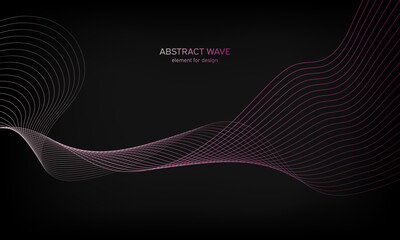 Abstract wave element for design on black background. Colorful gradient shiny waves with lines. Digital frequency track equalizer. Curved wavy line. Smooth stripe. Stylized art. Modern design. Vector.