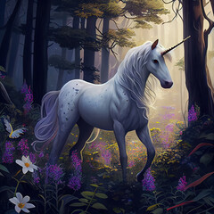 Fototapeta premium Generative AI: unicorn in a fairy colorful forest