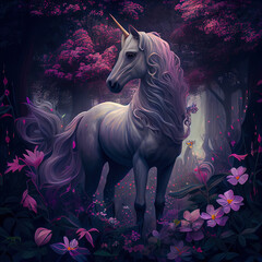 Obraz na płótnie Canvas Generative AI: unicorn in a fairy colorful forest