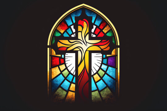 dated arc window logo design colorful image of a christian church cross representing religion in the past. Generative AI