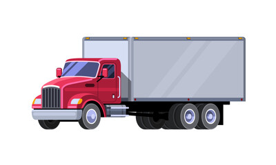 Classic box truck with front engine. Front side view clipart drawing in flat color. Isolated red truck vector illustration. Cube vehicle.
