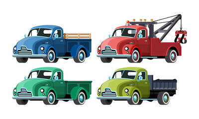 Four vintage pick-up truck set. Classic vehicle front side view. Colorful vector illustration on white background