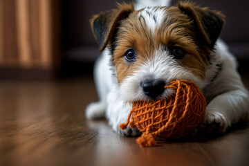 Playing with an orange rubber ball is a cute wire haired Jack Russell puppy that is four months old. Cute pup with a rough coat gnawing on a toy on a hardwood floor. Close up, copy space, and a backgr
