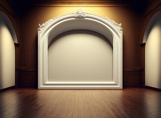 Large white blank canvas housed in a lavish golden hardwood frame beneath an arch above a wooden floor in a setting akin to a museum. Generative AI