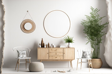 Scandi Boho style wall mockup in a simple white room with wooden furniture. Generative AI