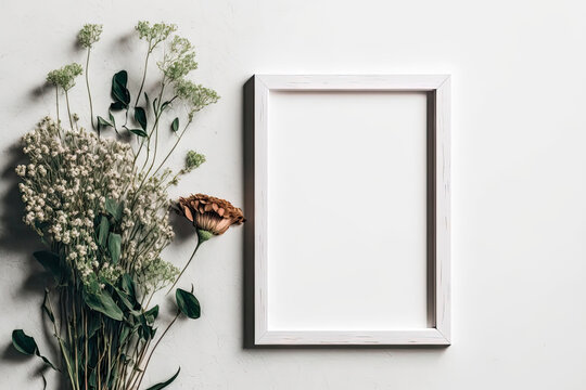 Blank wooden frame mockup on white wall, portrait frame with copy space. Generative AI