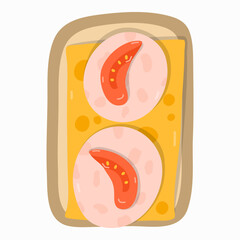 Closeup sandwich with ham, slices of cheese and tomato. American traditional breakfast with popular products. Vector hand drawn clipart isolated on background. Cute illustration.