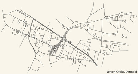 Fototapeta na wymiar Detailed navigation black lines urban street roads map of the JERXEN-ORBKE DISTRICT of the German town of DETMOLD, Germany on vintage beige background