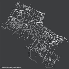 Detailed negative navigation white lines urban street roads map of the DETMOLD-SÜD DISTRICT of the German town of DETMOLD, Germany on dark gray background