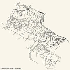 Fototapeta na wymiar Detailed navigation black lines urban street roads map of the DETMOLD-SÜD DISTRICT of the German town of DETMOLD, Germany on vintage beige background