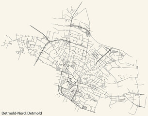 Detailed navigation black lines urban street roads map of the DETMOLD-NORD DISTRICT of the German town of DETMOLD, Germany on vintage beige background