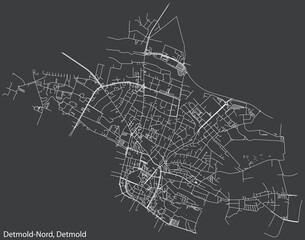 Detailed negative navigation white lines urban street roads map of the DETMOLD-NORD DISTRICT of the German town of DETMOLD, Germany on dark gray background