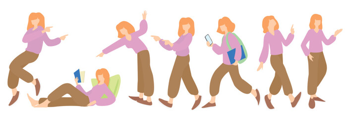 Young woman in various pose, set collection of people doing activities, isolated, flat color vector illustration