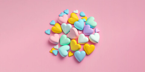 Colorful hearts like candies centered on pink background. Banner with place for text. Valentine's Day greeting card. Generative AI.