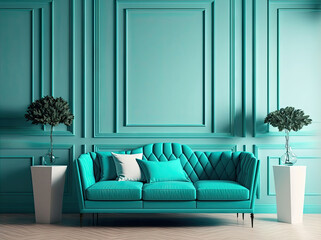 Сhic luxury living room with bright color of tiffany or turquoise, teal, azure. Minimalist style interior design lounge space. Empty mockup wall for art. Mint couch and paint wall. Generative AI - obrazy, fototapety, plakaty