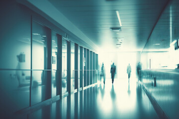 Fototapeta na wymiar Blurry office background; blurred interior of modern building. Generative AI