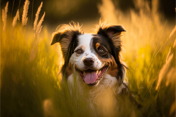 Fototapeta premium a happy dog in the grass, generative ai