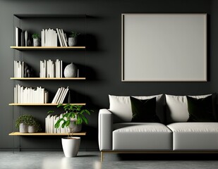 Front view on dark living room interior with empty white poster, sofa, shelf with books and crockery, grey wall, concrete floor. Minimalist design. Place for meeting. Mock up. Generative AI