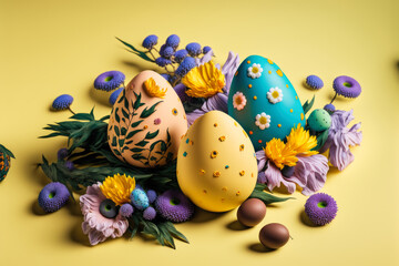 colorful easter eggs with flowers, generative ai