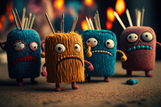 cute little angry embroidered monsters, Generative AI