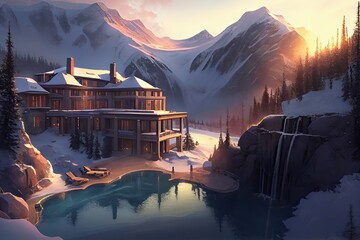 A resort in the snow mountains, the midnight sun over hot springs