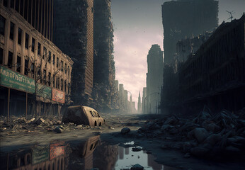 Apocalyptic view of destroyed city buildings, post apocalypse after world war. Concept of battlefield, destruction, dtstopia. - obrazy, fototapety, plakaty