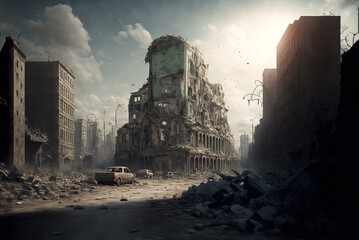 Apocalyptic view of destroyed city buildings, post apocalypse after world war, generative AI