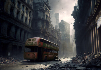 Apocalyptic fiction view of destroyed city, post apocalypse after world war in Europe - obrazy, fototapety, plakaty