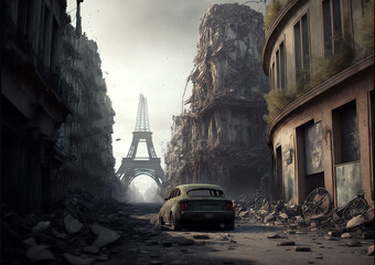 Apocalyptic fiction view of destroyed European city, post apocalypse after world war