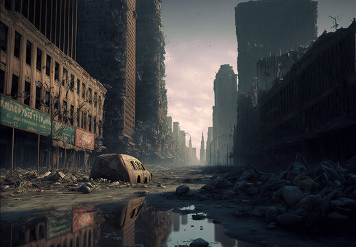 Apocalyptic view of destroyed city buildings, post apocalypse after world war. Concept of battlefield, destruction, dtstopia.