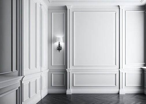 Interior Of White, Vacant Room With Panel Moldings. For Your Design, A Mockup. Image In Horizontal Format. Generative AI