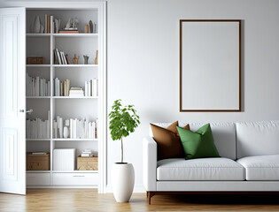 Front view on bright living room interior with two empty white posters, sofa, coffee table with crockery and books, white wall, carpet, lamp, bookshelf, wooden floor, closet. Mock up. Generative AI