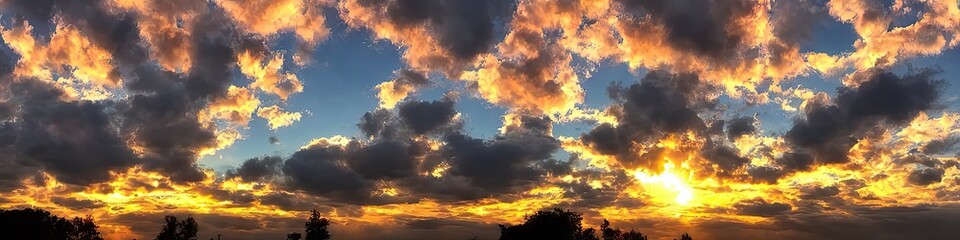 Cloudy afternoon skies - blue sky, fluffy white clouds, and warm sunlight accentuate this panoramic sky view