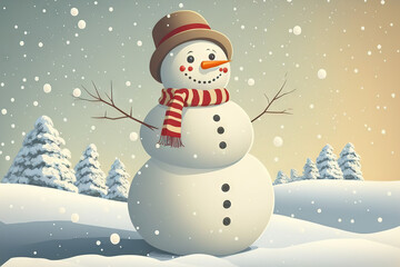 A picture of a snowman in the winter with decorations. Generative AI