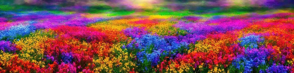 Fototapeta na wymiar colorful psychedelic field - open environment panoramic landscape image of enchanted fantasy land by generative AI