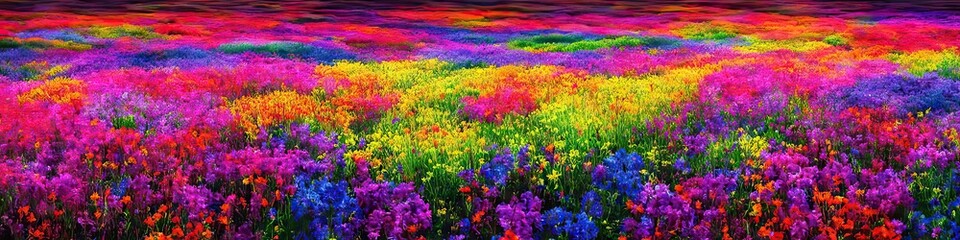 colorful psychedelic field - open environment panoramic landscape image of enchanted fantasy land by generative AI