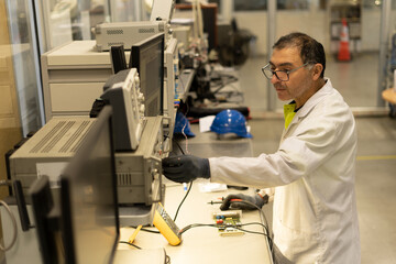 senior technician repairing an electronic board in electrical industry electronic technology concept