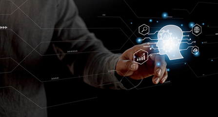 Businessman using light bulbs icon intelligence Ai. Chat bot with AI Artificial Intelligence, Futuristic technology, robot in online system.