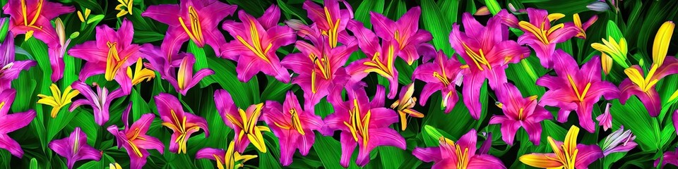 Colorful tropical lilies in a variety of tropical colors - fun and exotic floral panoramic image made by generative AI