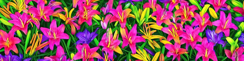 Colorful tropical lilies in a variety of tropical colors - fun and exotic floral panoramic image made by generative AI