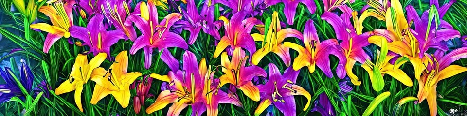 Obraz premium Colorful tropical lilies in a variety of tropical colors - fun and exotic floral panoramic image made by generative AI