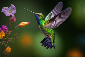 Fototapeta na wymiar Green violet ear hummingbird (Colibri thalassinus) flying to a lovely flower to collect nectar in San Gerardo del Dota, Savegre, Costa Rica. Natural action scene with fauna. Generative AI