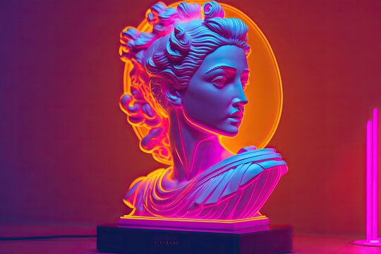 Sculpture of an abstract greek deity, done in the colors and style of vaporwave-era city pop art. Generative AI.