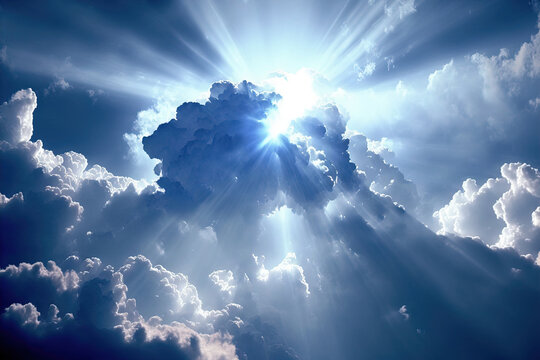 Beautiful religious image the heavens are filled with a dazzling light from heaven that represents hope and happiness. White clouds are atop a blue sky while the sun beams. Generative AI