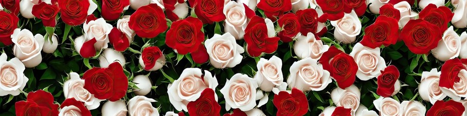 Naklejka premium Colorful red and white roses - panoramic extra wide floral image of bright and delicate roses