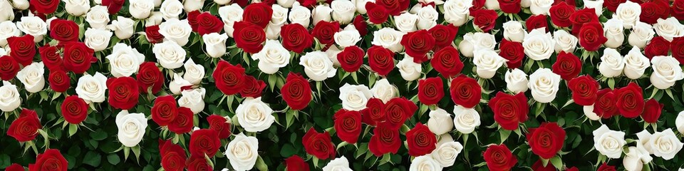 Colorful red and white roses - panoramic extra wide floral image of bright and delicate roses