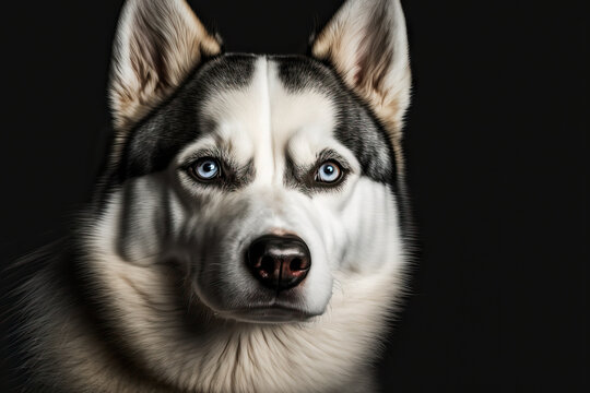 a white backgrounded portrait of a siberian husky facing the photographer. Generative AI